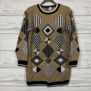 Vintage 90’s Beldoch Popper Geometric Print Gold Acrylic Sweater Size Medium